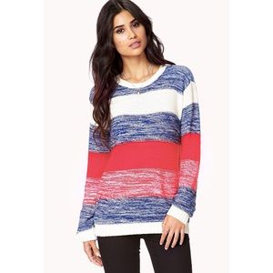 Red, Cream, and Blue Thick Striped Knit Sweater